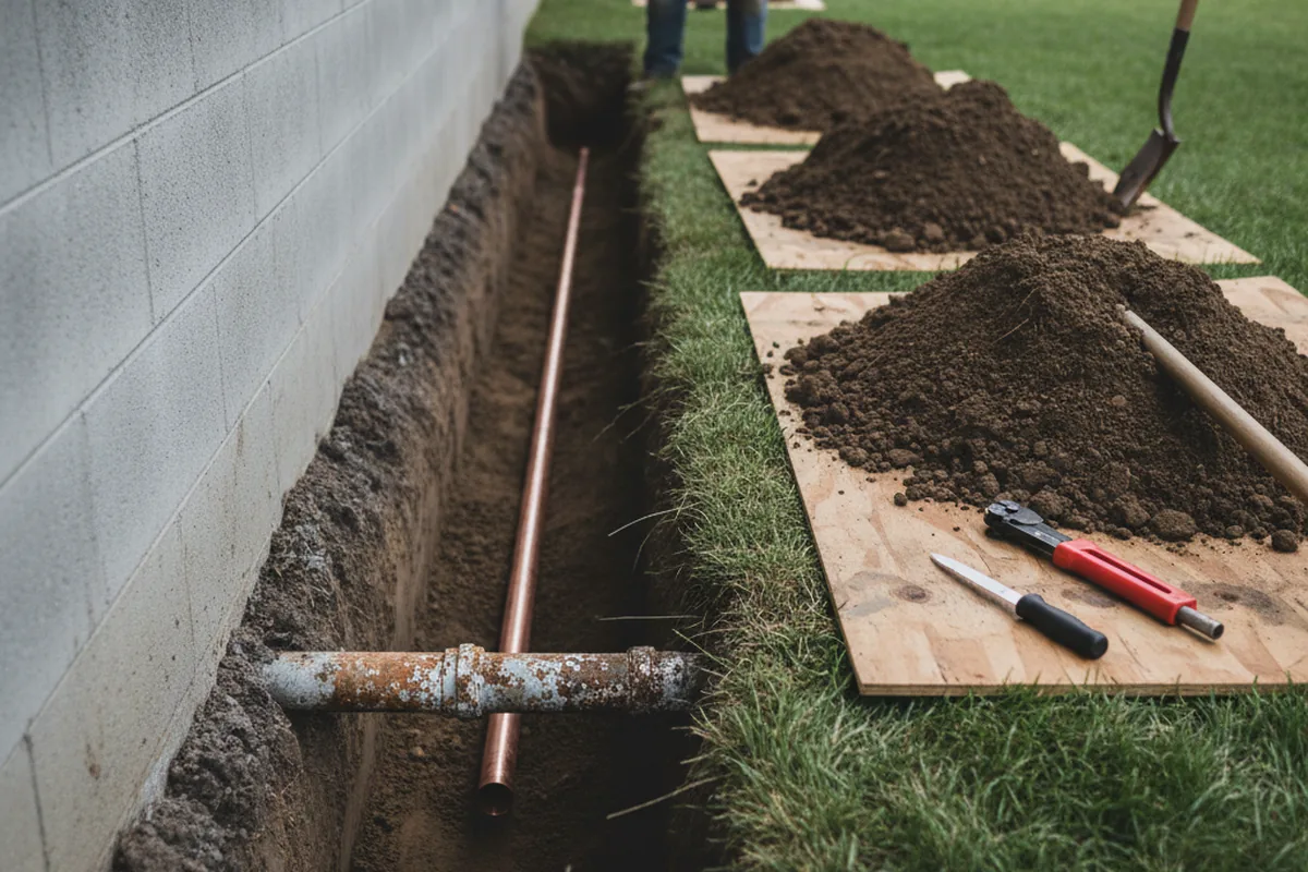 Excavated water line trench during Water Softener Installation in Eastville